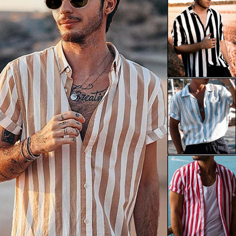 Hot Men Holiday Short Sleeve Shirt Tops Hawaiian Beach Summer Striped Button Turn-down Collar Casual Shirt
